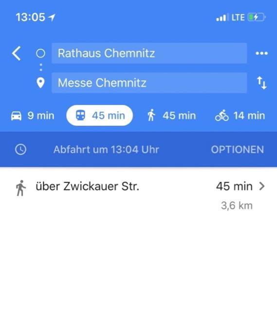 Beispiel: Empfehlung für Fußweg oder Auto�vom Rathaus zur Messe Chemnitz, obwohl dort öffentlicher Nahverkehr fährt