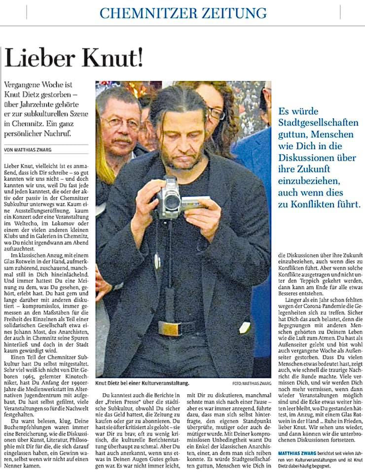 Danke an die Freie Presse und Matthias Zwarg für den Nachruf auf Knut Dietz